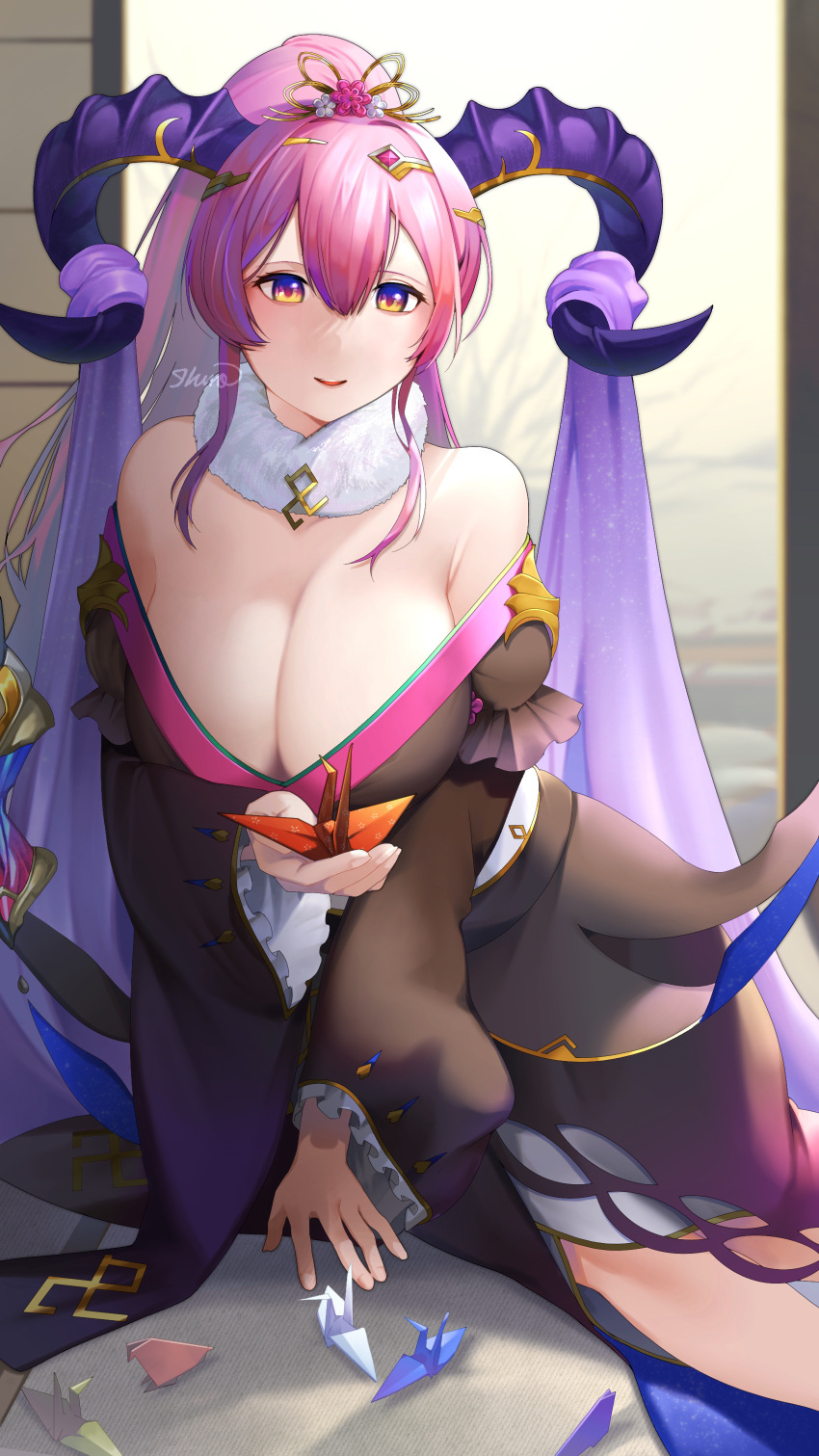 1girls absurdres alternate_costume bare_shoulders breasts cleavage curled_horns female female_only fire_emblem fire_emblem_heroes frilled_sleeves frills fur-trimmed_collar fur-trimmed_kimono fur_trim goat_horns hair_ornament highres horns huge_breasts ikura_(downdexp) japanese_clothes kimono large_horns leaning_forward long_hair multicolored_hair nerthuz_(fire_emblem) nerthuz_(new_year)_(fire_emblem) new_year nintendo off_shoulder official_alternate_costume origami paper_crane pink_hair ponytail purple_eyes purple_hair purple_horns purple_veil signature smile solo two-tone_hair very_long_hair