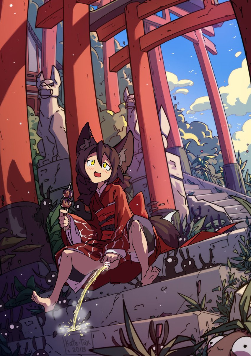 barefoot fox_ears fox_girl original papergami peeing shrine spread_pussy urination urine