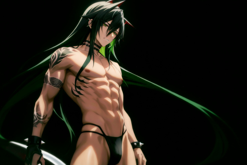 abs ai_generated bulge earring emo_boy long_hair male sensual spiked_bracelet tatoos thong