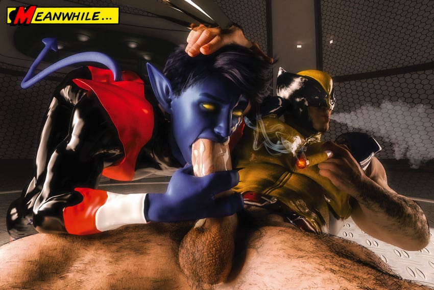 3_fingers 3d_(artwork) balls blowing_smoke blowjob blue_skin cigar cum daz_studio erect_penis gay hairy_balls hand_on_head hopefulsquire kurt_wagner logan_(x-men) male male/male male_focus male_only marvel nightcrawler pointy_ears source_removed text text_box wolverine_(x-men) x-men yellow_eyes