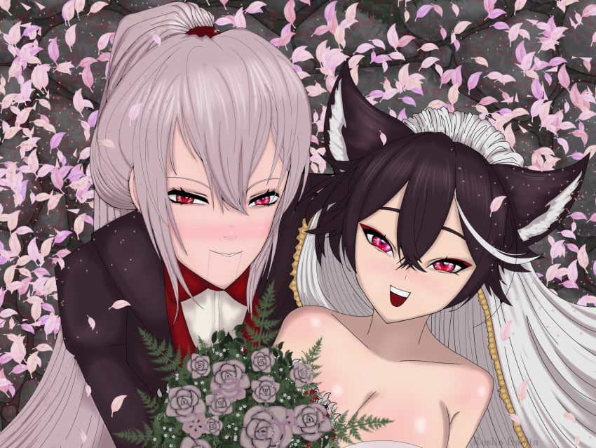 2girls bare_shoulders black_hair blush bouquet brown_hair cherry_blossoms duo eyeshadow female flower hair_between_eyes indie_virtual_youtuber japanese_clothes jowol long_hair looking_at_viewer momotexx_(vtuber) multiple_girls open_mouth petals ponytail porcelainmaid red_eyes rose silver_hair smile virtual_youtuber vtuber vyugen wife_and_wife wolf_ears wolf_girl yuri