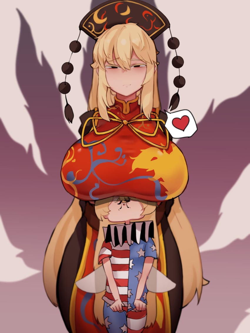 2girls alternate_breast_size american_flag_dress american_flag_legwear bad_id bad_pixiv_id beige_background black_dress black_eyes black_headwear blonde_hair breast_rest breasts clownpiece doro_au dress fairy_wings hat heart height_difference highres huge_breasts junko_(touhou) light_smile mature_female milf multiple_girls pantyhose short_sleeves spoken_heart star_(symbol) star_print striped tabard touhou wings