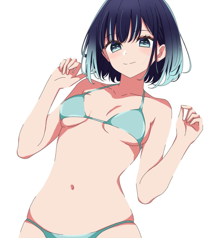 alternate_hairstyle bare_arms bare_midriff bare_shoulders bare_thighs belly belly_button bikini blue_bikini blue_bikini_bottom blue_bikini_top blue_eyes blue_hair blue_swimsuit blue_swimwear bob_cut breasts closed_mouth collarbone cowboy_shot female gradient_hair halterneck hands_up highres kurokawa_akane kusana_(kusana47454281) light_blush looking_at_viewer medium_breasts medium_hair multicolored_hair navel oshi_no_ko short_hair sideboob simple_background smile smiley_face smiling smiling_at_viewer solo standing stomach swimsuit underboob waist white_background