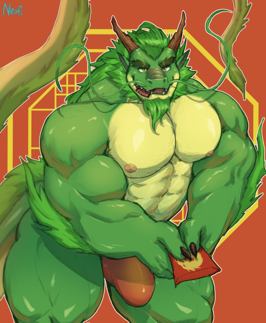 abs anthro biceps bulge dragon eastern_dragon green_body green_skin hi_res male muscular muscular_anthro muscular_male neofi nipples pecs solo