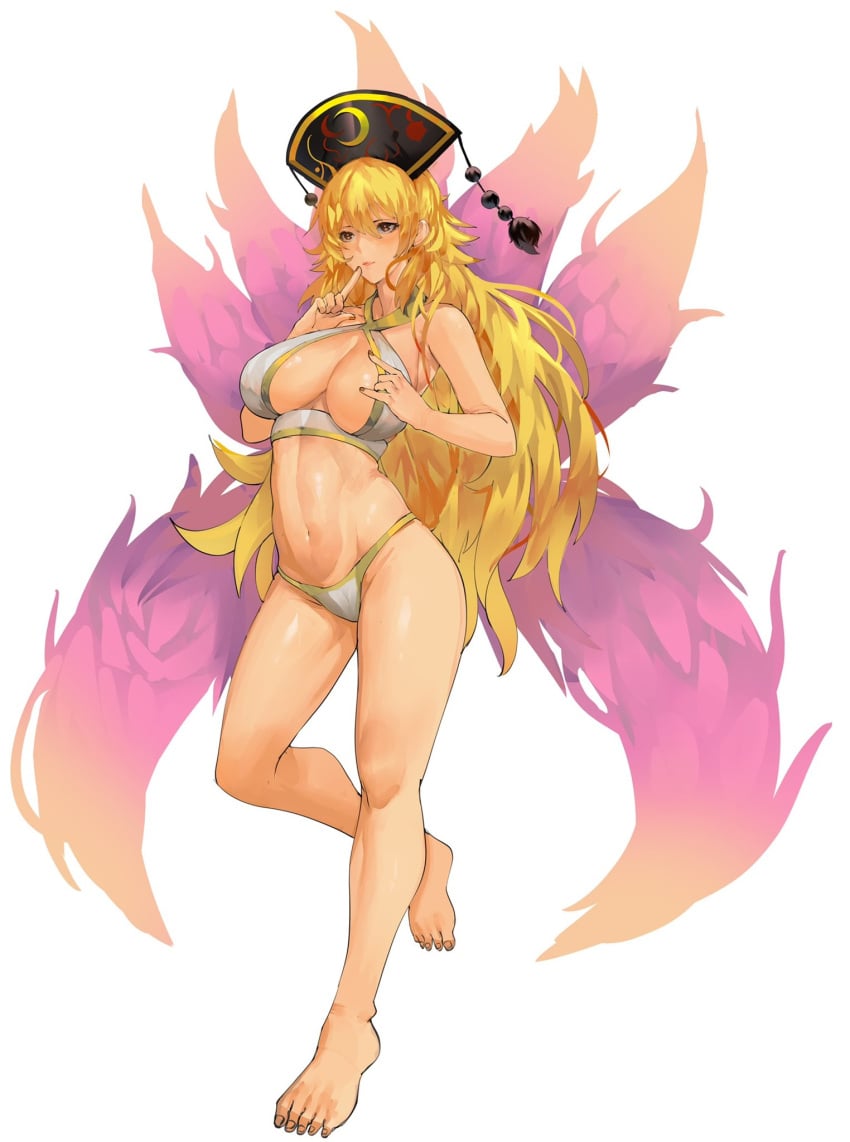 barefoot bikini blonde_hair breasts cleavage closed_mouth commission female fingernails full_body highres junko_(touhou) lips long_hair mature_female milf navel simple_background solo swimsuit toenails toes tomatolover16 touhou white_background white_bikini yellow_eyes