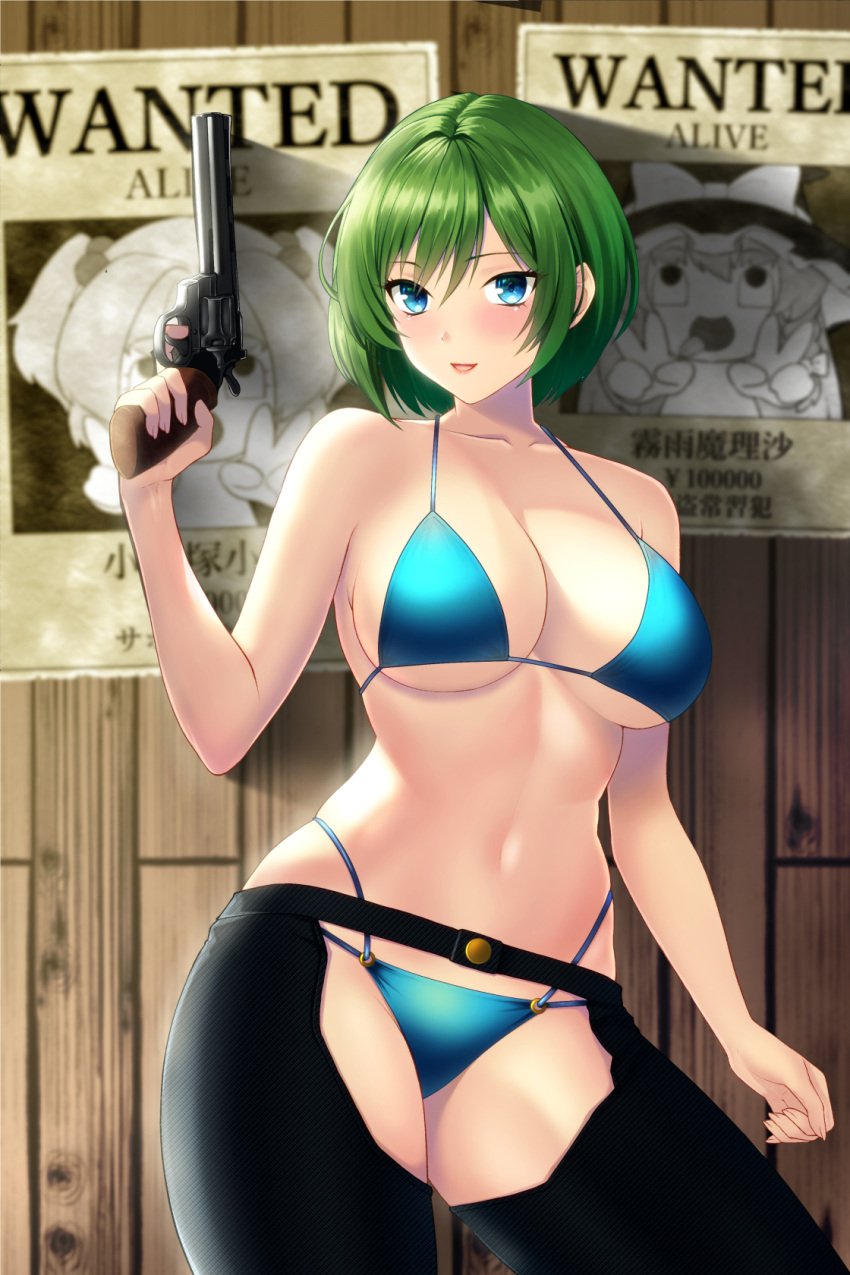 alternate_breast_size bikini blue_bikini blue_bra blue_eyes blue_panties bra breasts chaps cleavage eiki_shiki female finger_on_trigger green_hair gun handgun highres holding holding_gun holding_weapon kawashiro_nitori kirisame_marisa large_breasts mattyakinako_(odango_imomushi) navel panties poster_(object) revolver shiki_eiki short_hair solo stomach swimsuit touhou underwear wanted weapon