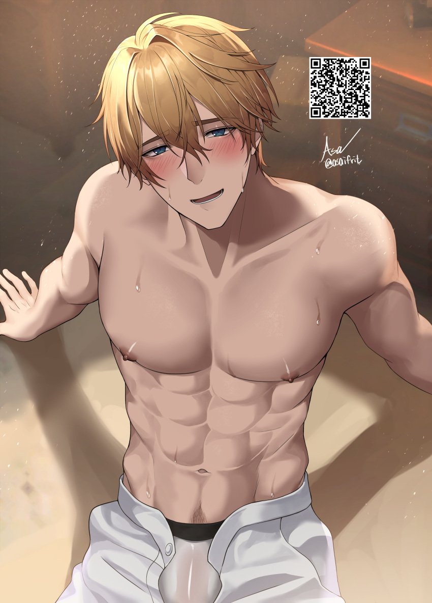 1boy abs asaifrit blonde_hair blush blush bulge gay gepard_(honkai:_star_rail) honkai:_star_rail looking_up muscular muscular_male shirtless sweat sweating unbuttoned_pants white_pants yaoi