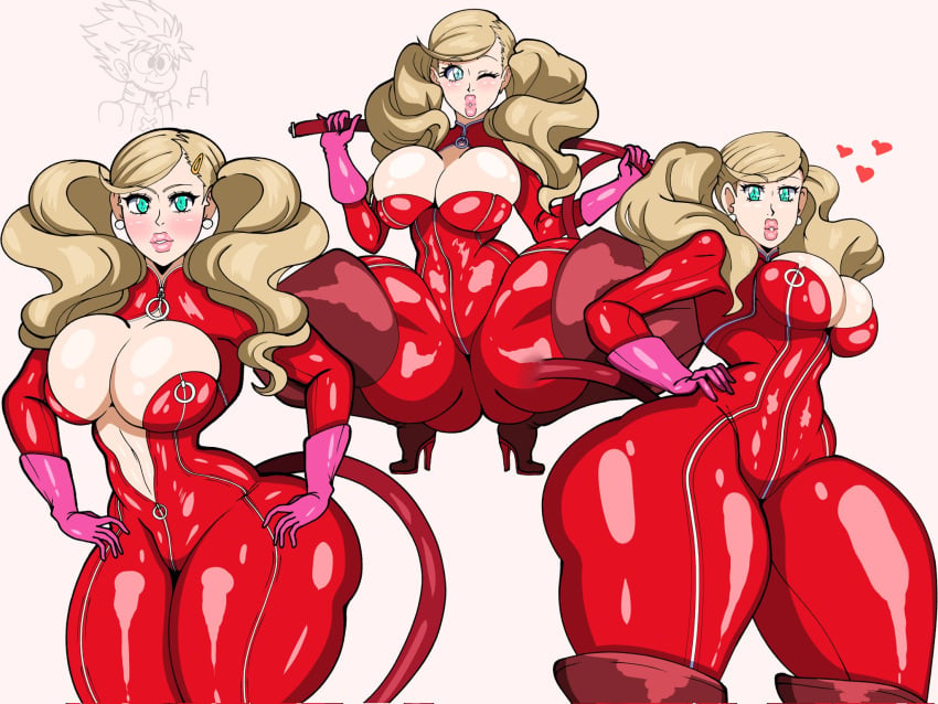 1girls ann_takamaki armwear ass_visible_through_thighs atlus big_breasts big_lips bimbo bimbo_lips blonde_hair blush bodysuit breasts cleavage clothing ear_piercing earrings female female_focus footwear gloves green_eyes hair hand_on_hip heels high_heels hips huge_breasts human latex latex_bodysuit latex_clothing latex_suit lips one_eye_closed pale_skin persona persona_5 phantom_thief_suit pink_gloves red_bodysuit shingattai squatting thick_lips thick_thighs thighs tight tight_clothing twintails unzipped_bodysuit wide_hips wink winking