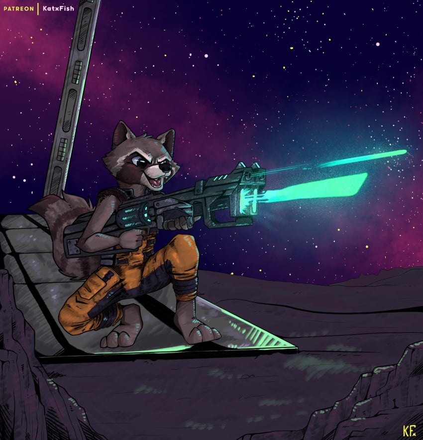 absurd_res anthro anthro_only clothing fully_clothed guardians_of_the_galaxy gun happy hi_res katxfish male male_only mammal marvel planet procyonid raccoon ranged_weapon rocket_raccoon ship shooting shooting_gun solo space uniform vehicle watercraft weapon