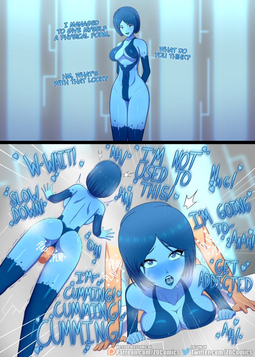 2d ahe_gao blue_body blue_hair blue_skin bob_cut breasts breath comic comic_page cortana dialogue digital_drawing_(artwork) doggy_style female fucked_silly halo_(series) high_resolution highres mind_break partial_male plap video_games zocomics