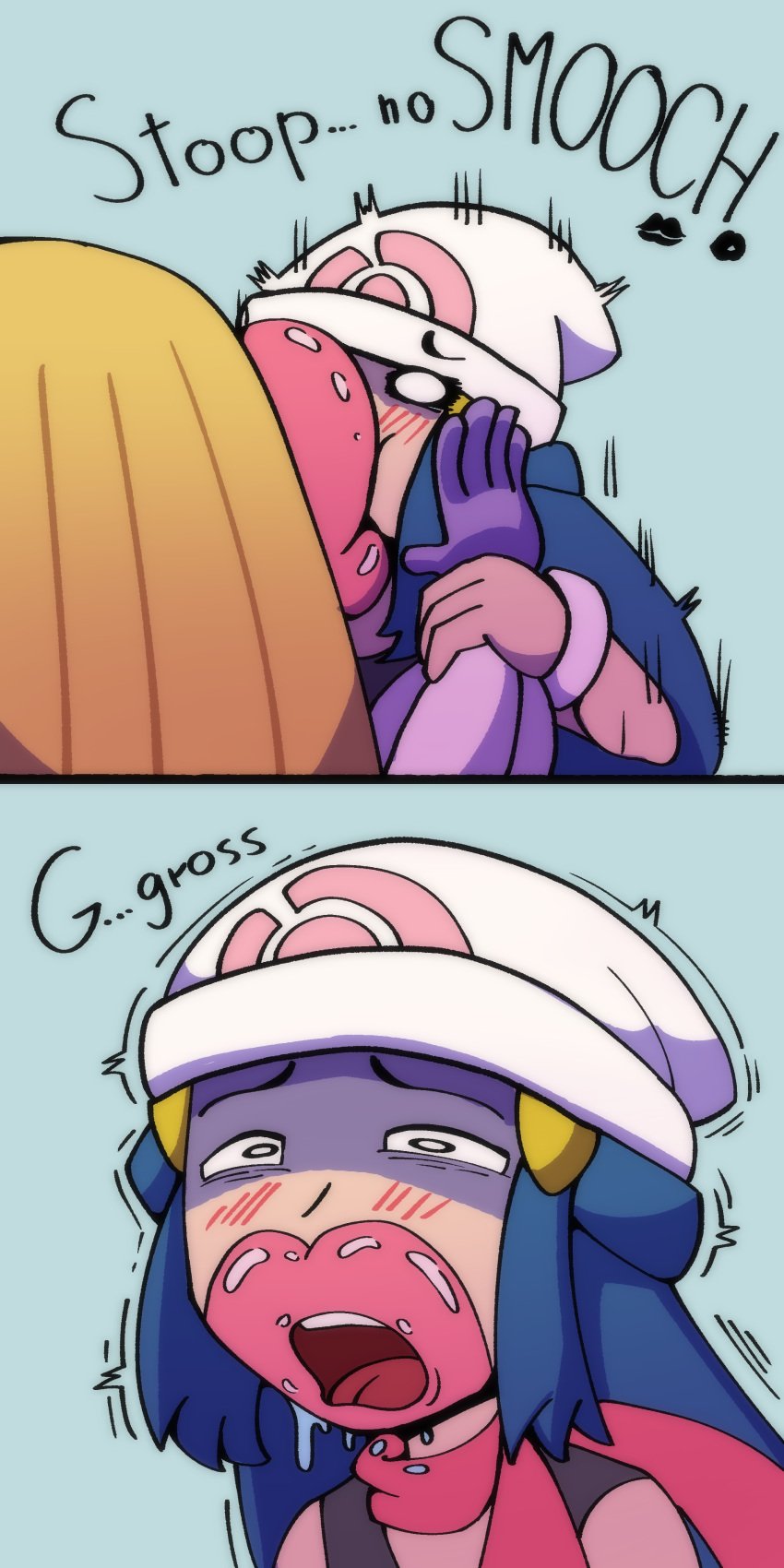 2girls beanie big_kiss big_lips blonde_hair blue_background blue_hair blush blush_lines comedy comic dawn_(pokemon) female/female forced_kiss forced_shipping grabbing_face grossed_out humor jynx kiss_mark kissing lips lipstick lipstick_mark long_hair long_hair_female mwah pink_lips pink_lipstick pink_scarf pokémon_(species) pokemon pokemon_(species) saliva scarf shiny_lips shippart shocked_expression smooch smooth_lips sweet_kiss_(pokémon_move) traumatized yuri