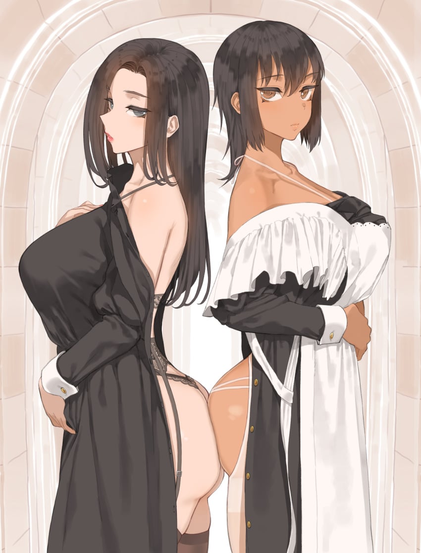 2girls big_ass big_breasts black_hair bubble_butt hazel_eyes light_brown_eyes lingerie long_hair looking_at_viewer maid maid_apron maid_outfit maid_uniform short_hair throtem