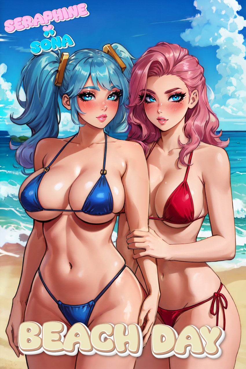 ai_generated beach bikini blue_eyes blue_hair comic league_of_legends long_hair micro_bikini patreon patreon_exclusive pink_hair sand seaside seraphine_(league_of_legends) sona_buvelle teaser teaser_image title twintails wardens