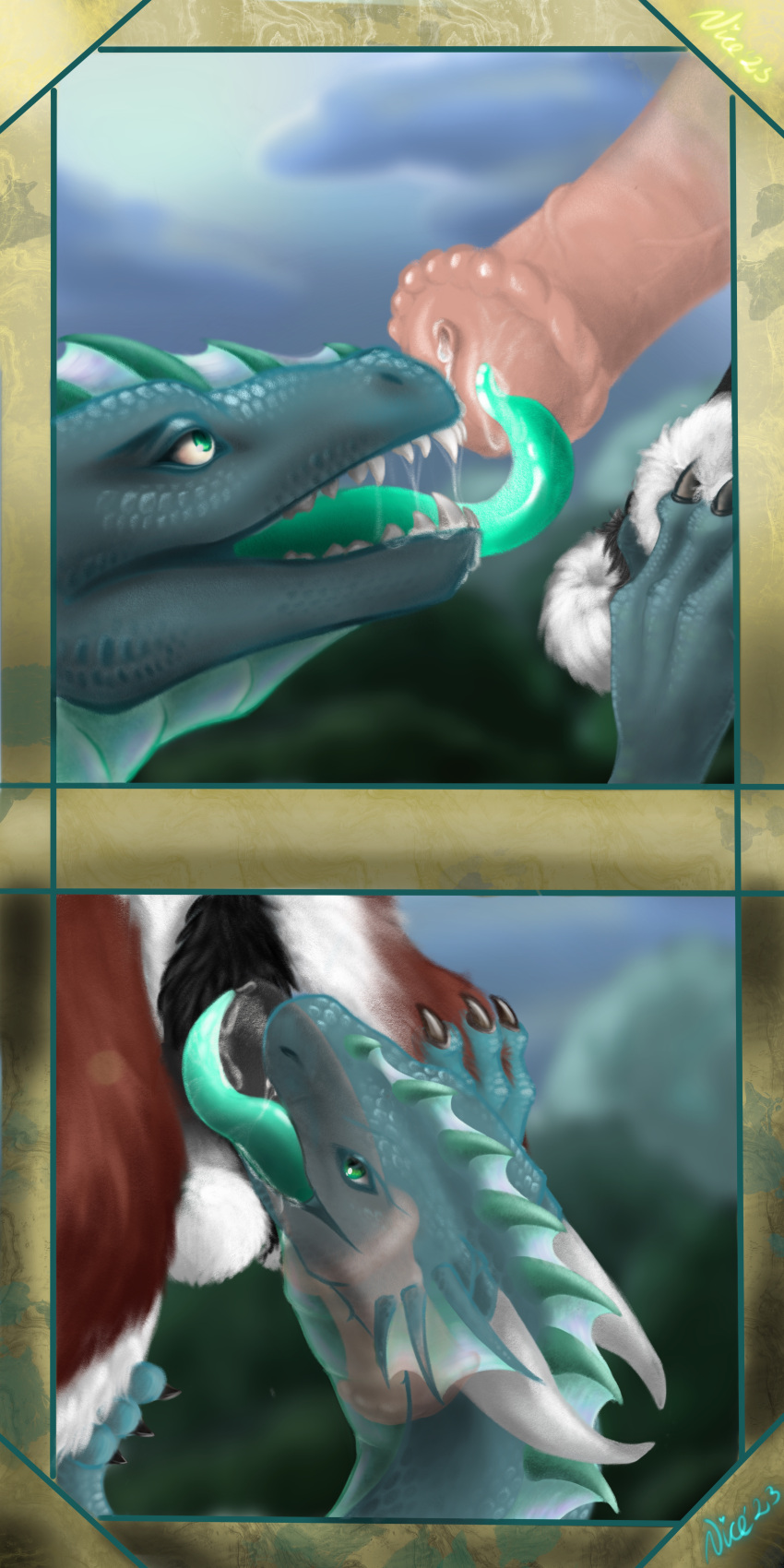 absurd_res ambiguous_gender animal_genitalia animal_penis anthro balls balls_deep balls_touching big_penis blowjob blue_body blue_eyes blue_tongue bodily_fluids claws comic comic_panel deep_throat digital_drawing_(artwork) digital_media_(artwork) dorsal_ridge dragon duo equid equine equine_genitalia equine_penis european_mythology fellatio female feral flared_penis fur genital_fluids genitals hi_res horn horse male male/female male_penetrating mammal medial_ring mythological_creature mythological_scalie mythology neck_bulge nice_koshkojena open_mouth oral oral_penetration penetration penile penile_penetration penis plates scales scalie sex shaded simple_background teeth tongue tongue_out tongue_out_blowjob translucent tuft western_dragon x-ray_vision