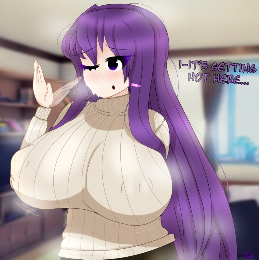 1girls 4k big_breasts blurry_background breasts closed_eye doki_doki_literature_club fanning_self female female_only gothtrishy hi_res highres huge_breasts long_hair messy_hair nervous nervous_sweat purple_hair shiny shiny_breasts shiny_clothes shiny_hair solo solo_female steam steaming_body sweat sweatdrop sweater sweating text tight_clothing tight_fit yuri_(doki_doki_literature_club)