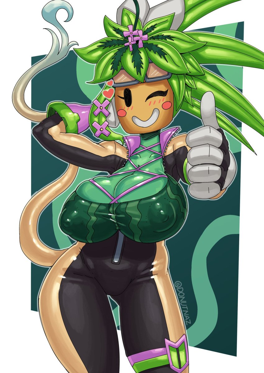 1female 1girls big_breasts blaster_master blaster_master_zero_2 blush bodysuit breasts clothed clothing curvaceous curvy curvy_figure donutnaz female female_only green_body green_skin kanna_(blaster_master) long_tail nipple_bulge plant_girl plant_humanoid plantie puffy_nipples solo_female tits voluptuous voluptuous_female