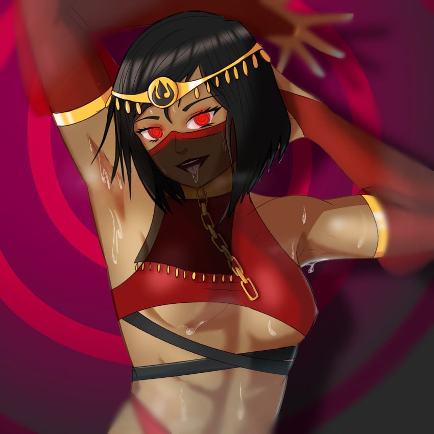 1girls @_@ alternate_version_at_source armpits arms_behind_head arms_up avatar_legends belly_dancer chained chained_collar clothed collar dark_skin detached_sleeves face_veil female glowing_eyes harem_outfit headwear hypnosis hypnotic_eyes korra looking_at_viewer mind_break mind_control red_clothing red_eyes ririririsuki saliva short_hair slave smile solo_focus stupid submissive submissive_female sweat the_avatar the_legend_of_korra tongue_out trans_woman transfem veil water_tribe