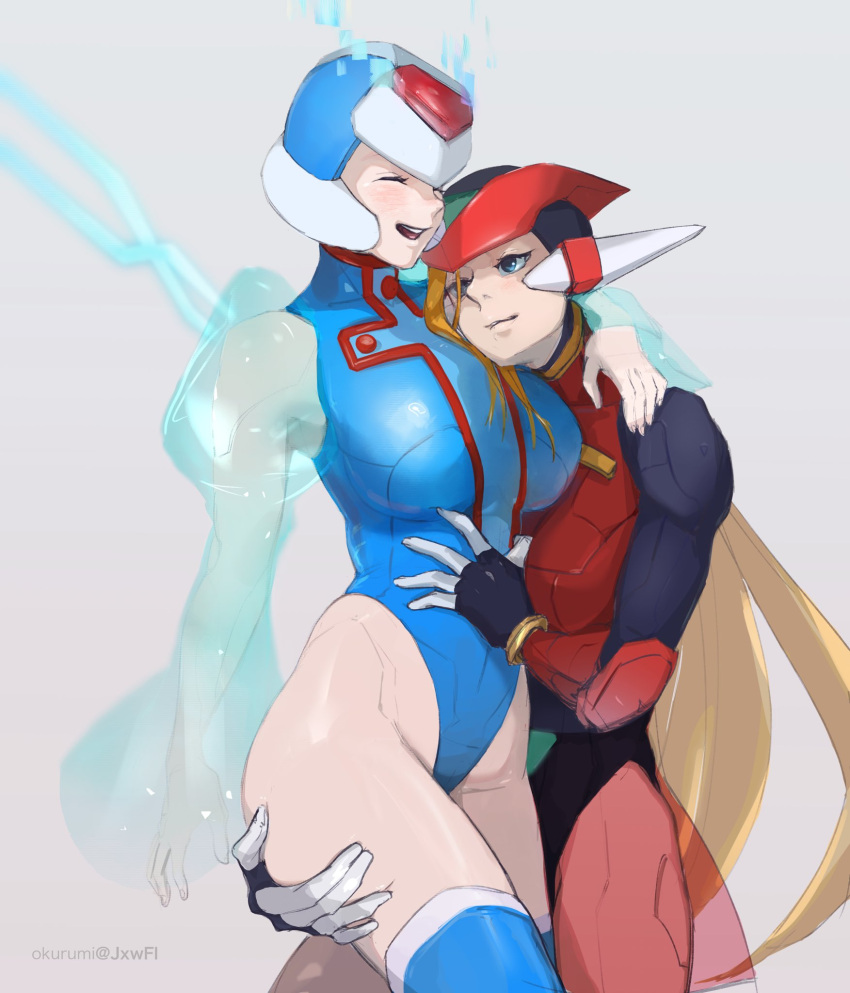 2girls android breasts genderswap_(mtf) helmet highres jxwfl large_breasts leotard medium_breasts mega_man mega_man_zero midnight_bliss multiple_girls robot rule_63 thigh_grab thighhighs thighs x_(mega_man) yuri zero_(mega_man)