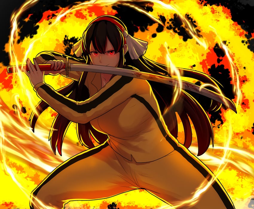 1girls big_breasts black_hair breasts breasts_bigger_than_head clothed clothed_female errorkazoo female female_only female_solo fully_clothed holding_object holding_sword holding_weapon huge_breasts karinka_katyusha_(errorkazoo) kill_bill large_breasts long_hair oc original original_character red_eyes solo solo_female sword the_bride_(cosplay) upper_body very_long_hair weapon