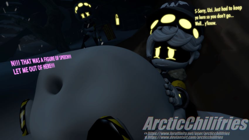 1boy 2girls 3d arcticchilifries female female_prey glitch_productions hat male male_pred murder_drones n_(murder_drones) robot sfm source_filmmaker stomach_bulge text uzi_(murder_drones) v_(murder_drones) vore white_hair yellow_eyes