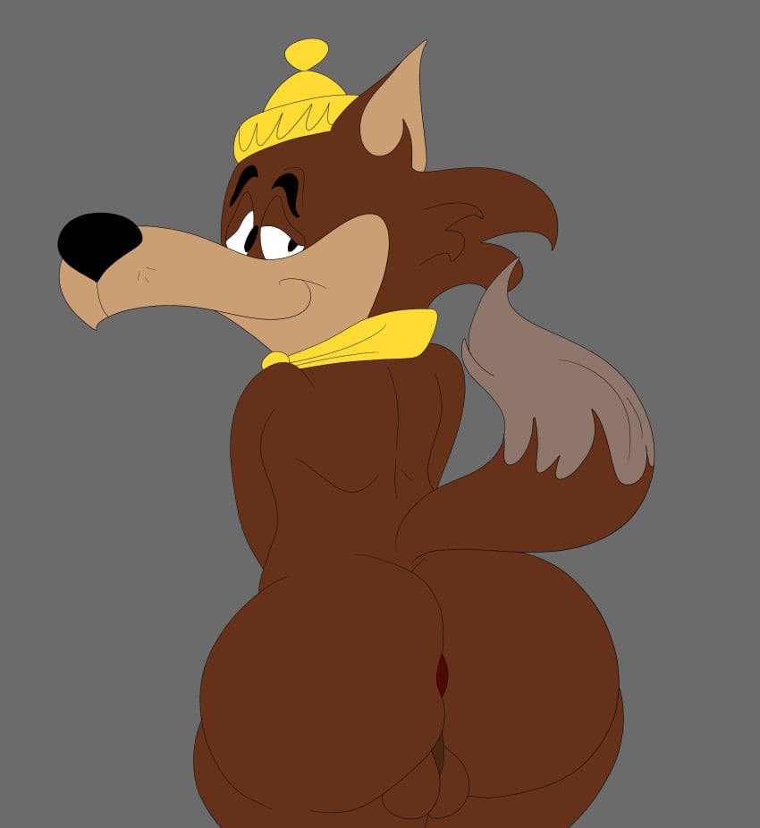 1boy anthro anus balls big_ass big_butt blastprocessing16 brown_fur bubble_ass bubble_butt canid canine canis cartoony fur hanna-barbera hat hi_res huge_ass loopy_(loopy_de_loop) loopy_de_loop posing smile tail wolf yellow_scarf