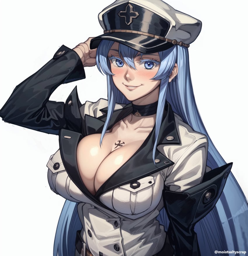 1girls 2024 2d adult adult_female ai_generated akame_ga_kill! alpha_female artist_name big_breasts big_cleavage blank_background blue_eyes blue_hair blush breast_pocket breasts cap chest_tattoo choker cleavage cleavage_cutout clothed clothed_female clothing collarbone esdeath_(akame_ga_kill!) female female_focus female_only general hat human human_female human_only large_breasts large_cleavage light-skinned_female light_skin long_hair looking_at_viewer matching_hair/eyes matching_hair_and_eye_color matching_hair_and_eyes military_uniform moistsaltyscrap one_arm_up pale-skinned_female pale_skin simple_background smile smiling smiling_at_viewer solo solo_female solo_focus straight_hair tattoo uniform upper_body upper_body_focus very_long_hair villain villainess white_background young_woman