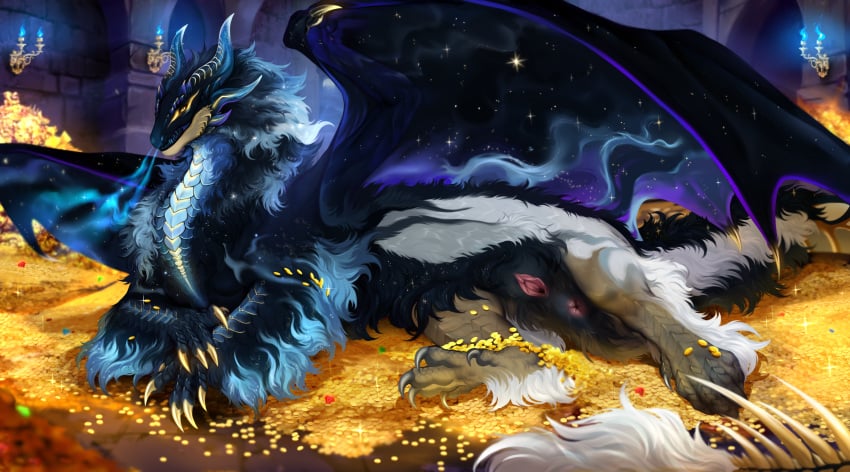 2023 absurd_res anus arm_tuft black_body black_fur blue_body blue_fur claws clenched_teeth clitoral_hood clitoris coin cosmic_wings detailed_background digital_media_(artwork) dragon feet female feral fluffy fluffy_tail fur furred_dragon genitals gold_(metal) gold_claws gold_coin hi_res horn iseldrllyr_(destinesia) leg_tuft looking_at_viewer lying membrane_(anatomy) membranous_wings multicolored_body multicolored_fur on_front pupils pussy slit_pupils solo spiked_tail spikes spikes_(anatomy) spread_pussy spreading tail tail_tuft teeth toe_claws treasure tuft white_body white_fur wings yellow_eyes zenvist