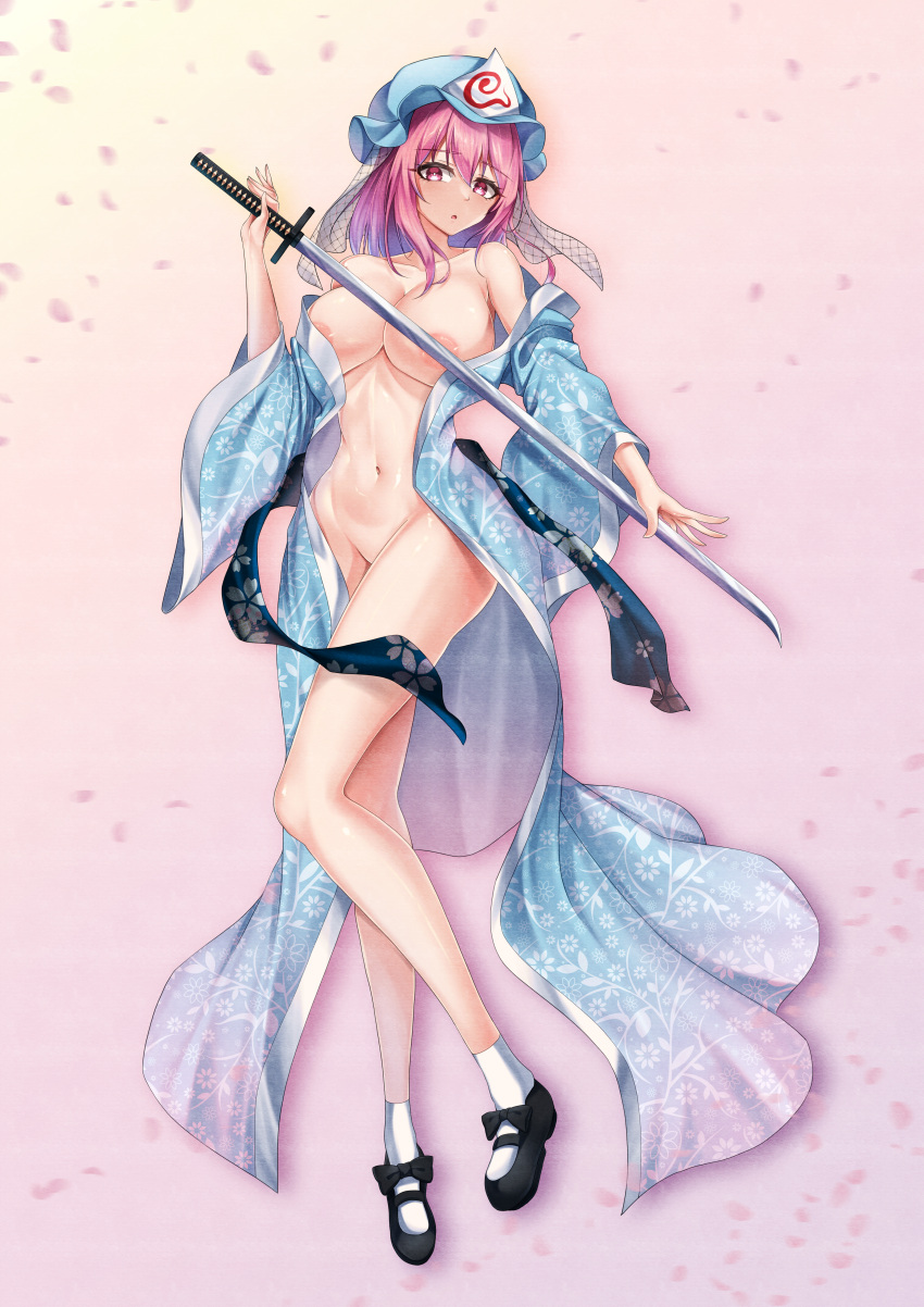 absurdres areola_slip bikini black_footwear blue_bikini blue_headwear breasts commentary female gradient_background hat highres holding holding_sword holding_weapon japanese_clothes kimono large_breasts leo23 looking_at_viewer medium_hair mob_cap naked_kimono navel pink_eyes pink_hair saigyouji_yuyuko socks solo swimsuit sword touhou triangular_headpiece weapon white_socks wide_sleeves yuyuko_saigyouji