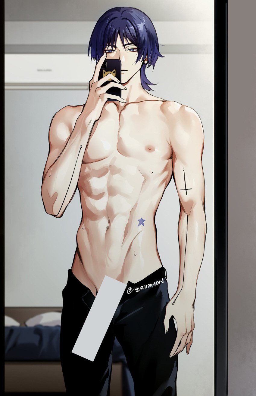 1boy bar_censor blue_eyes blue_hair censor_bar censored censored_penis eriimyon genshin_impact half-dressed male male_only male_pov mirror_selfie phone pov pov_male scaramouche_(genshin_impact) selfie solo solo_focus solo_male tattoo tattoo_on_arm tattooed_arm tattoos