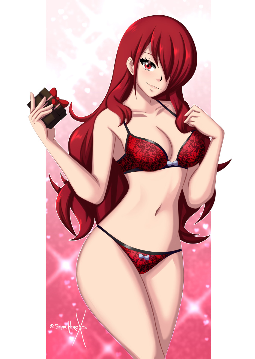 1girls 2d alternate_costume artist_name atlus bra breasts clothing female female_only legs_together light-skinned_female light_skin long_hair matching_underwear mitsuru_kirijo pale-skinned_female pale_skin panties persona persona_3 red_bra red_eyes red_hair red_panties solo sonicheroxd watermark wide_hips