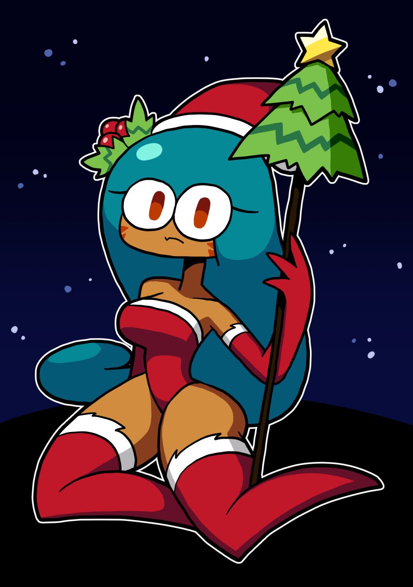 basic_background christmas_clothing christmas_outfit christmas_tree cookie_run cute_fang dark-skinned_female fang orange_eyes sitting sitting_on_floor stars teal_hair tiger_lily_cookie tungmi9697