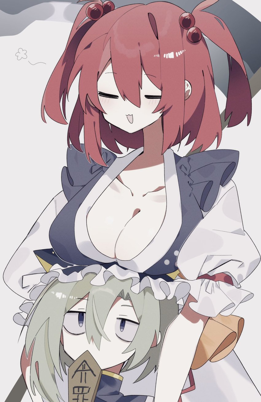 2girls :3 :d asymmetrical_hair breasts cleavage closed_eyes eiki_shiki green_eyes green_hair hair_bobbles hair_ornament highres holding holding_scythe komachi_onozuka large_breasts multiple_girls onozuka_komachi open_mouth red_hair rod_of_remorse scythe shiki_eiki short_hair short_sleeves simple_background smile touhou two_side_up upper_body white_background xx_asui yuri