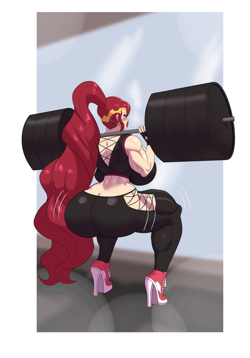 1girls annon ass bimbo breasts butt_crack clothed earrings exercise fingerless_gloves from_behind full_body gloves hair_pulled_back high_heels huge_ass huge_breasts jewelry lipstick long_hair looking_back makeup muscular muscular_female pants pointy_ears ponytail pyrrha_nikos red_hair rwby sneaker_high_heels solo squatting tagme thick_thighs thighs tight very_high_heels very_long_hair weightlifting workout_clothes