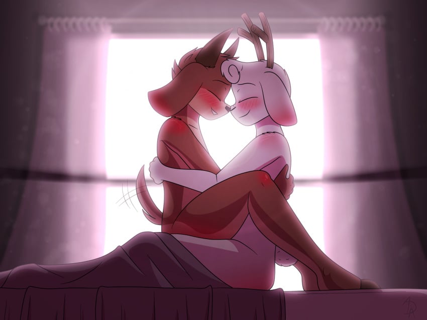 aarondrawsarts anthro antlers backlighting bed bedding bedroom blanket blush blushing_profusely bovid brown_body brown_fur capri_(deerkid) caprine closed_eyes cuddling curtains duo embrace fluffy fluffy_tail fur furniture goat hi_res hooves horn hug intimate jackalope lagomorph light lighting male male/male mammal nude nuzzling romantic scut_tail short_tail side_butt smile tail tail_motion tailwag under_covers virgil_(deerkid) waking_up white_body white_fur window