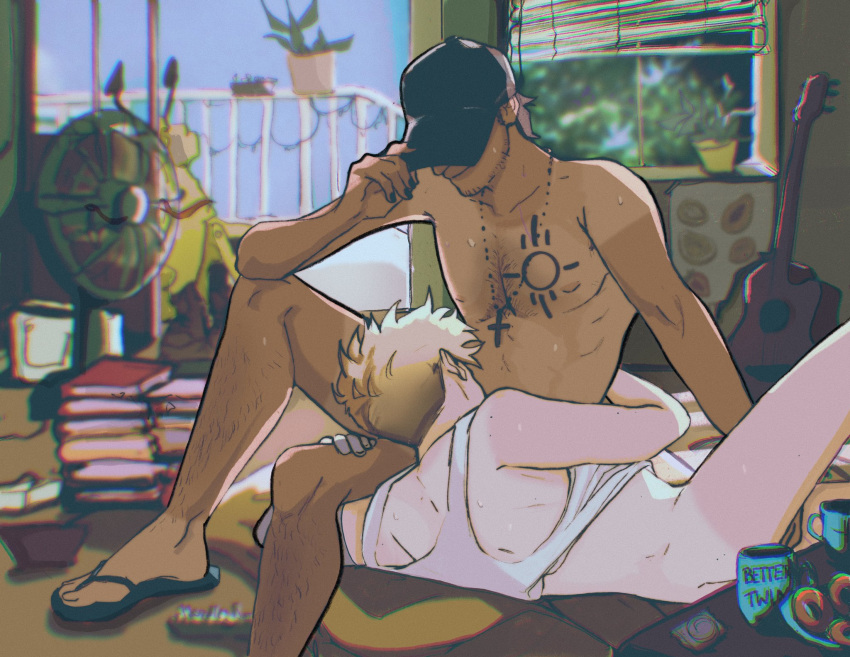 2boys baseball_cap bottomless chbnny implied_oral male_only sandals tan tank_top tanline tattoo trigun vash_the_stampede yaoi