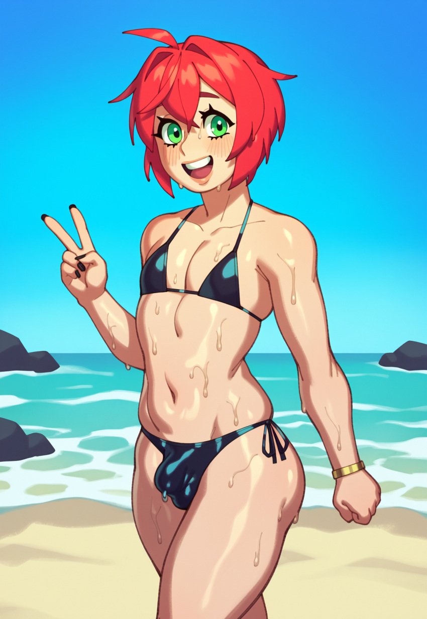 1boy ai_generated beach belly bikini blue_sky blush bracelet bulge bulge_through_clothing copernicus femboy feminine_male fingernails genderswap_(ftm) girly green_eyes guilty_gear guilty_gear_strive happy jack-o'_valentine looking_at_viewer male male_focus male_only nail_polish ocean open_mouth otoko_no_ko otokonoko outdoors panties_bulge red_hair rizdraws_(ai_style) rule_63 sand short_hair smile solo solo_focus solo_male standing stomach trap v v_sign water wet wet_body wet_skin