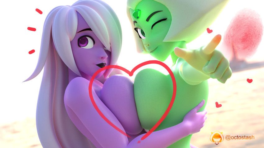 2girls 3d amethyst_(steven_universe) blender breast_press breasts_pressed_together cartoon_network female_only gem_(species) green_eyes green_skin huge_breasts hugging looking_at_viewer naked octostash peridot_(steven_universe) pick_one plump purple_eyes purple_skin steven_universe white_hair yuri