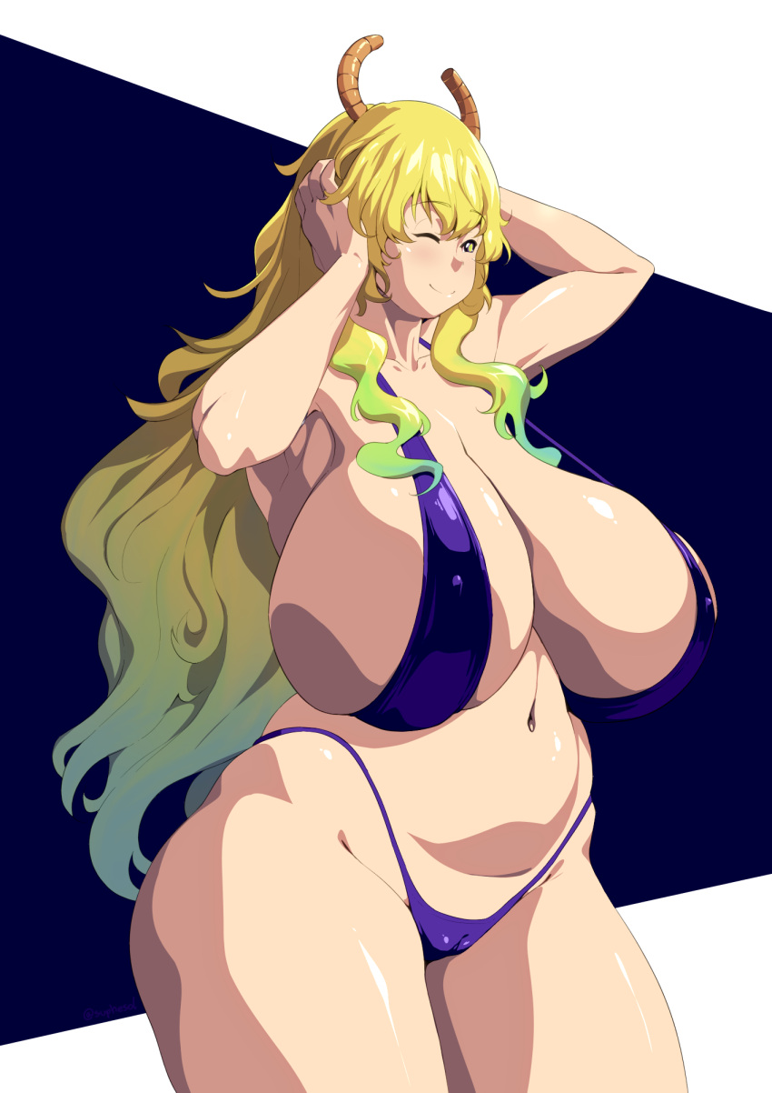 1girls alternate_version_available big_breasts bikini bikini_bottom bikini_top blonde_hair blue_bikini bottomwear breasts cleavage female female_only hair hips horns huge_breasts large_breasts long_hair mature mature_female mature_woman micro_bikini miss_kobayashi's_dragon_maid one_eye_closed quetzalcoatl_(dragon_maid) smile solo solo_female suphesol swimwear thick_thighs thighs topwear two_tone_hair voluptuous wide_hips yellow_eyes