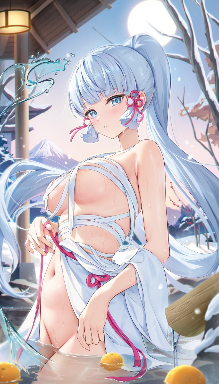 areola_slip bandage bandages bathing beauty_mark clear_water genshin_impact hot_spring houk1se1 kamisato_ayaka large_breasts mount_fuji onsen partially_submerged partially_undressed snow solo_female sun tangerine wrappings