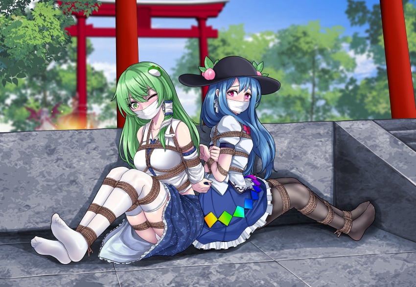 2girls blue_hair blush bondage clothing feet female female_only frilled_skirt frills gag gagged green_hair hat legs long_hair looking_at_viewer multiple_girls no_shoes one_eye_closed outside over_the_mouth_gag pantyhose pink_hair purple_eyes rope rope_bondage sanae_kochiya shibari skirt stockings tenshi_hinanawi thighhighs tied_up touhou white_thighhighs yanx5