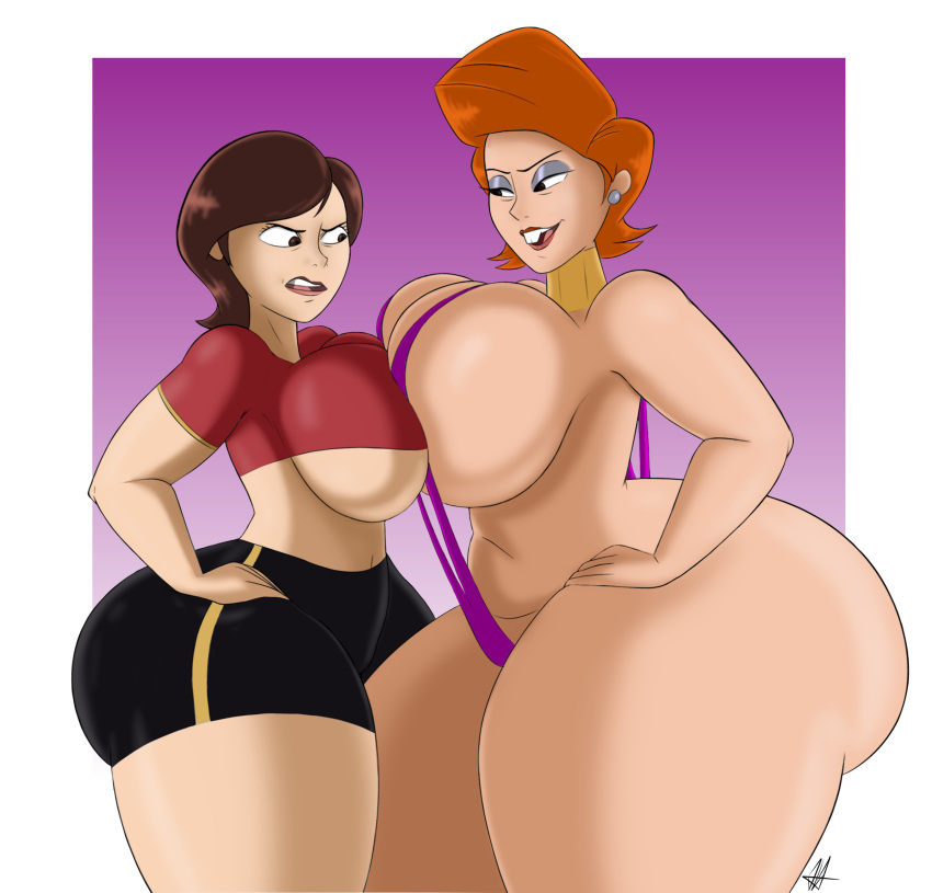 ass big_ass big_breasts big_butt big_hips body_envy breasts breasts_out_of_clothes breasts_pressed_together brown_hair bubble_ass bubble_butt crossover disney dumptruck_ass fat_ass fat_butt females females_only gradient_background helen_parr huge_ass huge_breasts huge_butt jarsman_(artist) large_ass large_breasts large_butt mary_frances_gibbons nickelodeon orange_hair pixar purple_background purple_sling_bikini shorts sling_bikini the_incredibles the_mighty_b! thick_ass thick_thighs white_background wide_hips