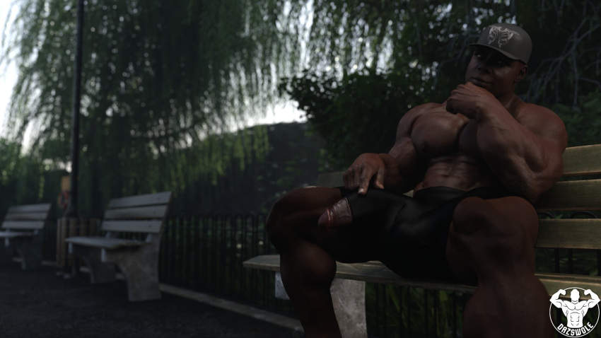 1boy 1human 1male 3d 3d_(artwork) 3d_model bara bara_tiddies bara_tits black_baseball_cap black_shorts bodybuilder dark-skinned_male dark_skin day daytime dazswole erect erect_penis erection looking_at_viewer male male_focus male_only masculine melanin morning oc original original_character park park_bench public public_exposure solo solo_focus solo_male stroking_own_chin