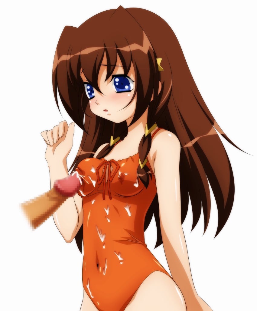 blue_eyes blush breast_poke brown_hair casual_one-piece_swimsuit censored cum cum_on_clothes erect_nipples highres magic_penis navel nipple_tweak one-piece_swimsuit penis penis_poking_breast penis_poking_nipple poke precum simple_background sugimura_tomokazu swimsuit tachibana_ichika utakata