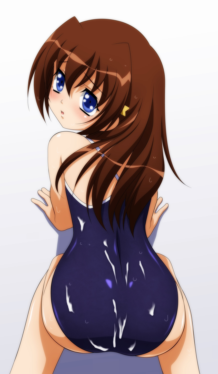 all_fours blue_eyes brown_hair cum highres one-piece_swimsuit sugimura_tomokazu swimsuit tachibana_ichika utakata