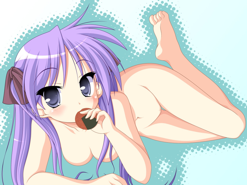 barefoot feet female female_only food highres human kagami_hiiragi kakesu lucky_star nude purple_hair sole soles solo uncensored wallpaper