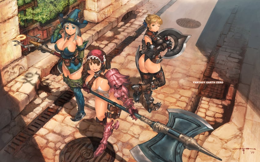 3girls armor ass axe bare_shoulders battle_axe belt bikini_armor blonde_hair blue_eyes boots breasts brown_eyes brown_hair chakram collar elbow_gloves fantasy_earth fantasy_earth_zero female female_only gauntlets gloves greaves hat highres huge_breasts kanda_(ura-kanda) knife large_breasts leather mage medieval outdoors oversized_weapon polearm pouch ribbon scout_(fantasy_earth) silver_hair sorcerer_(fantasy_earth_zero) staff strap sunset text thigh_boots thigh_strap thighhighs twilight urakanda utility_belt wallpaper warrior warrior_(fantasy_earth) weapon white_hair wink witch witch_hat yellow_eyes