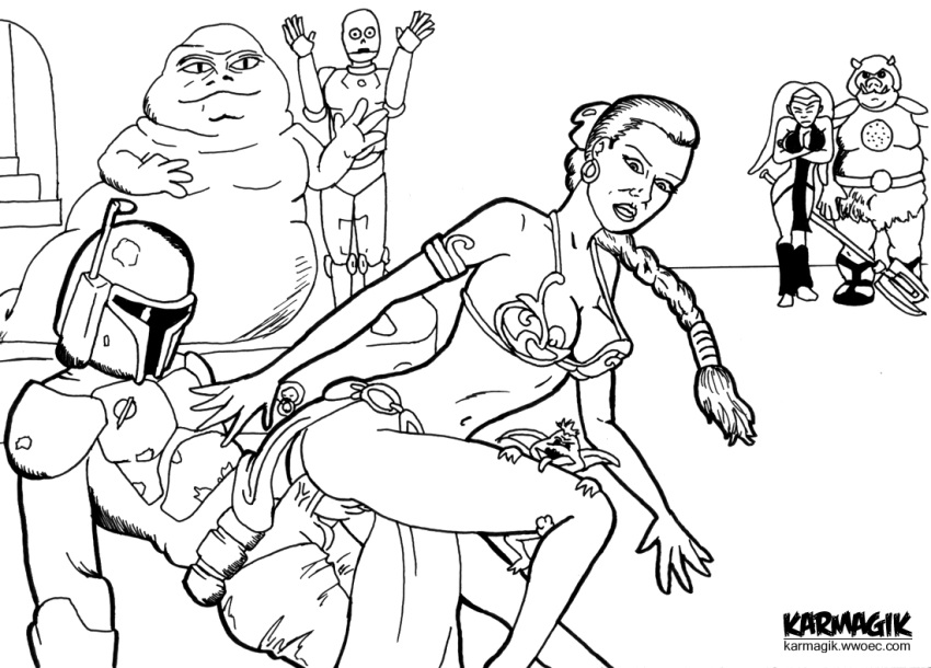 boba_fett c-3po gamorrean greyscale human hutt jabba's_palace jabba_the_hutt karmagik kowakian_monkey-lizard loincloth lyn_me mandalorian metal_bikini monochrome princess_leia_organa return_of_the_jedi salacious_crumb slave slave_leia star_wars tatooine twi'lek