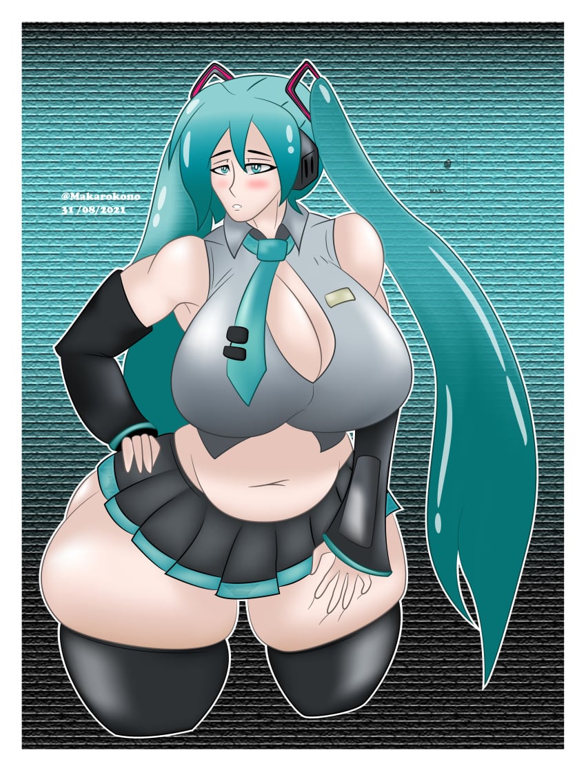 1girls big_breasts blue_hair breasts breasts_bigger_than_head clothing female female_only hatsune_miku huge_breasts light-skinned_female light_skin long_hair makaro-kono_(artist) thick thick_thighs thighhighs vocaloid