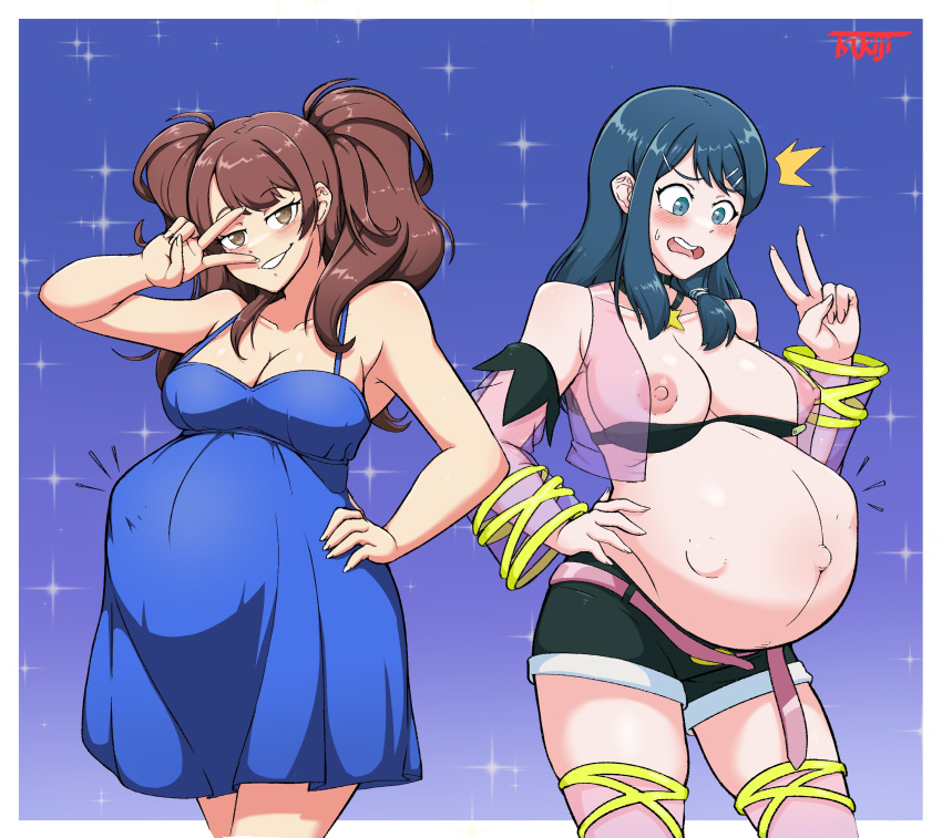 2girls areolae big_belly big_breasts breasts duo female female_only fetal_movement fire_emblem huge_belly kujikawa_rise large_breasts nipples oribe_tsubasa persona persona_4 pregnant ready_to_pop thick_thighs tokyo_mirage_sessions_#fe tsukiji v v_over_eye