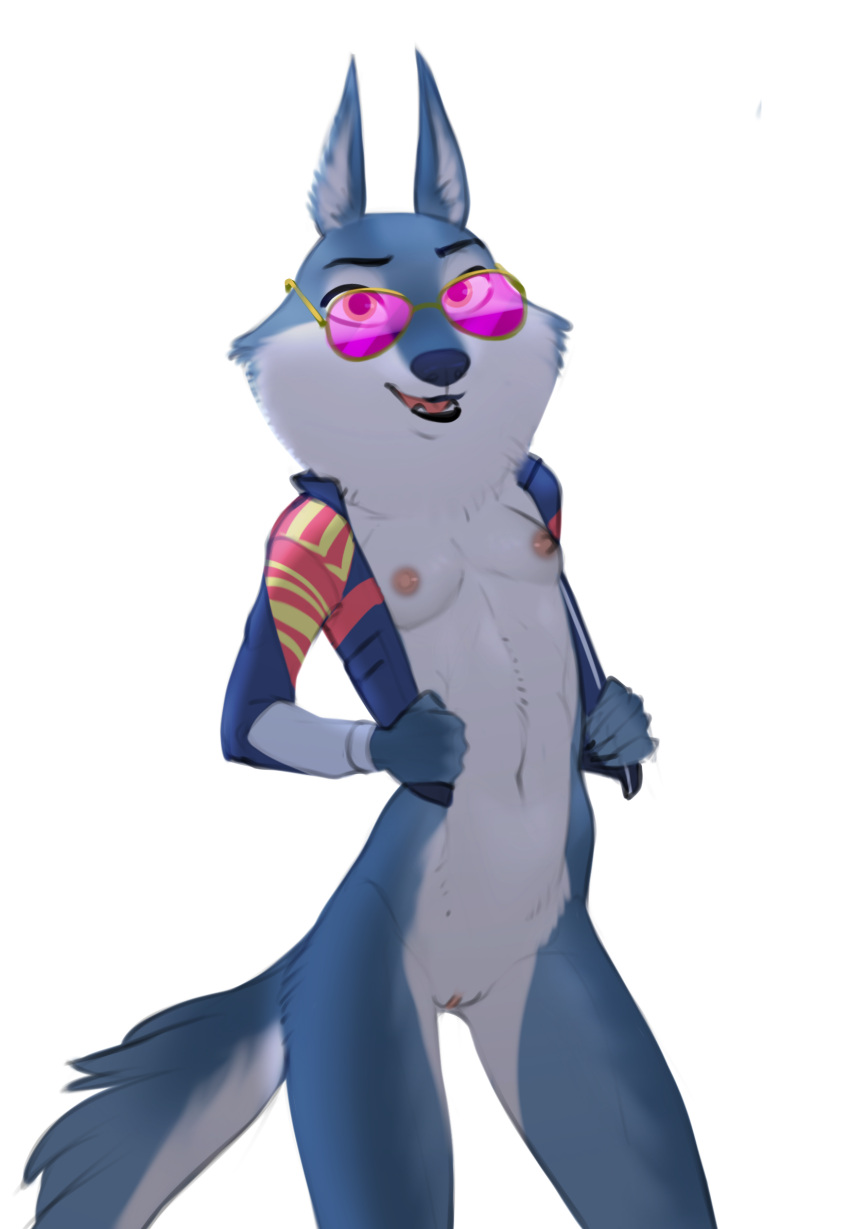 anthro breasts canid canine canis clothing discreet_user eyewear female genitals hi_res illumination_entertainment jacket jacket_vest looking_at_viewer mammal porsha_crystal pussy sing_(movie) sing_2_(movie) small_breasts solo sunglasses topwear vest wolf